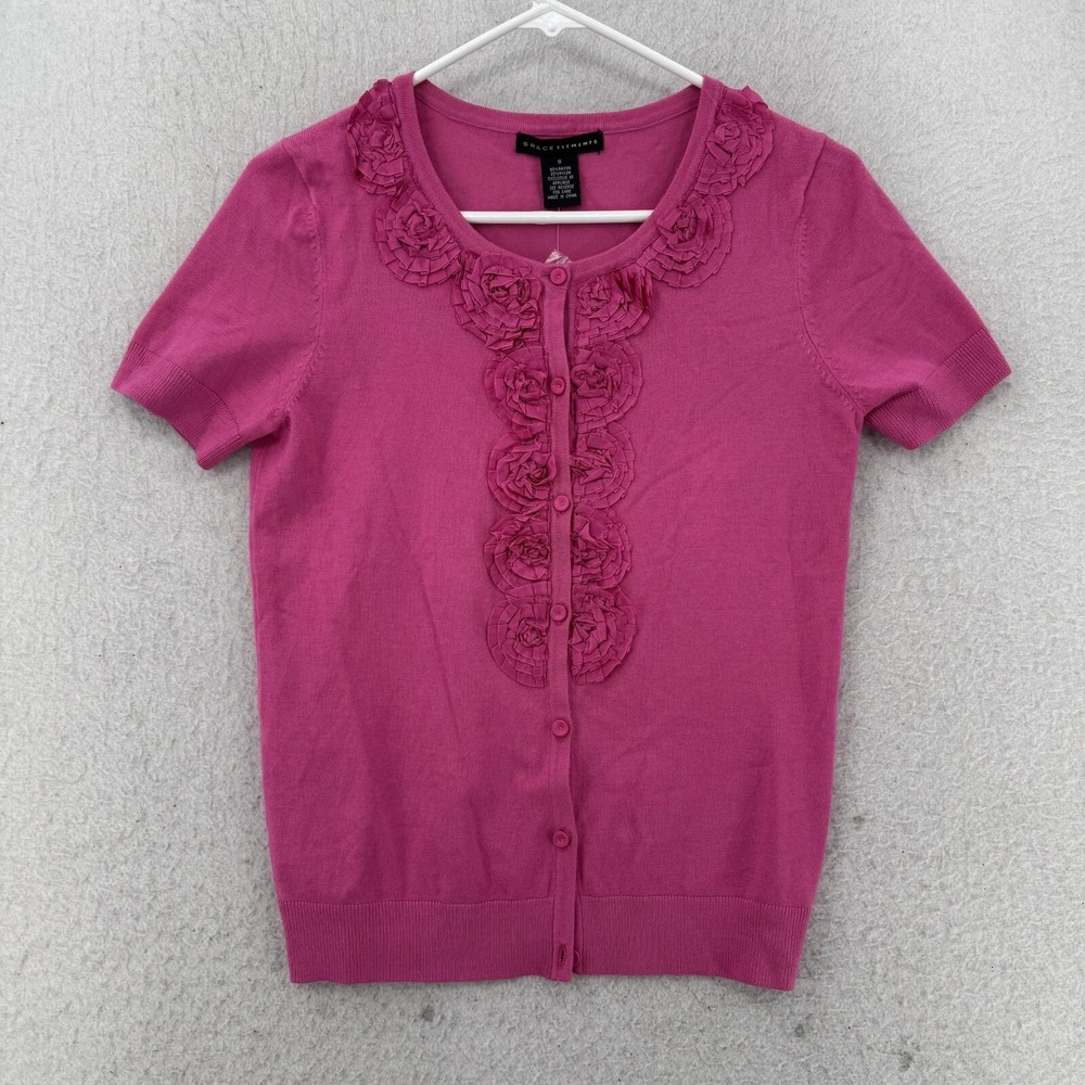 NWT Grace Elements Cardigan Top Womens Small Pink Roses Short Sleeve Button Up